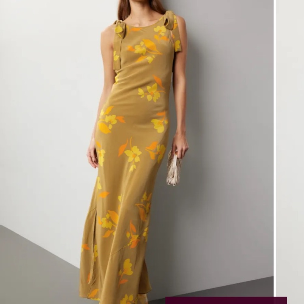 Silk Maxi Floral Dress in Mustard and Green